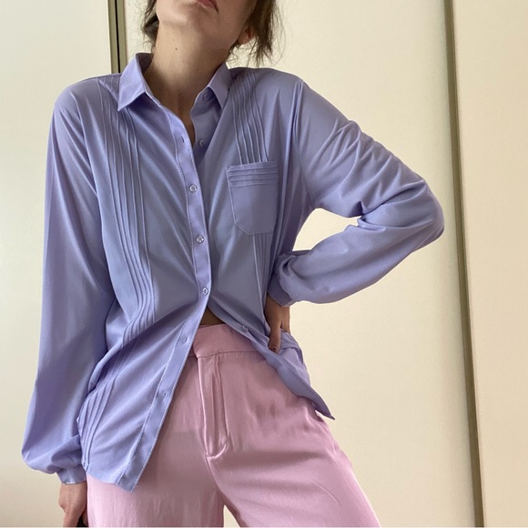 Vintage lavender sheer button down bell cuffed sleeves s/m spring top Easter - Picture 6 of 11